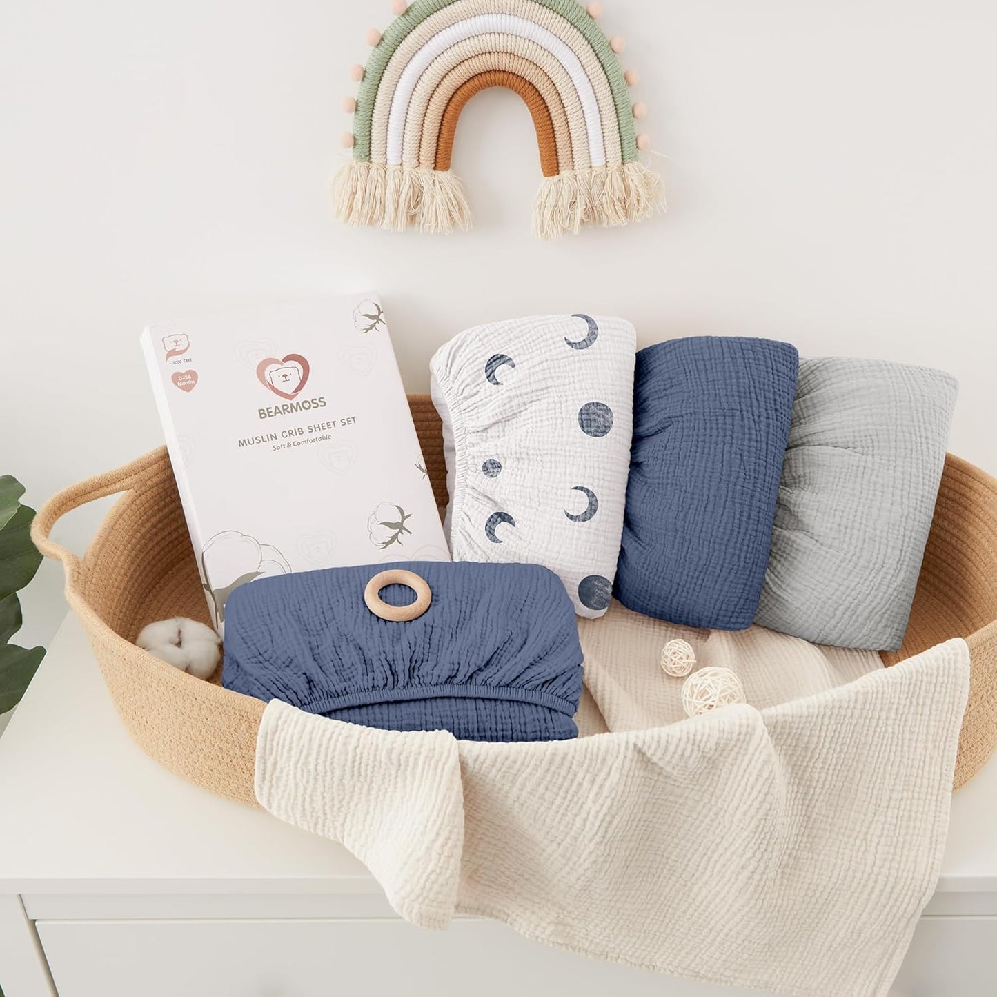 Bearmoss Muslin Mini Crib Sheets for Pack N Play Mattress - 100% Cotton - 38"x24" Soft Breathable