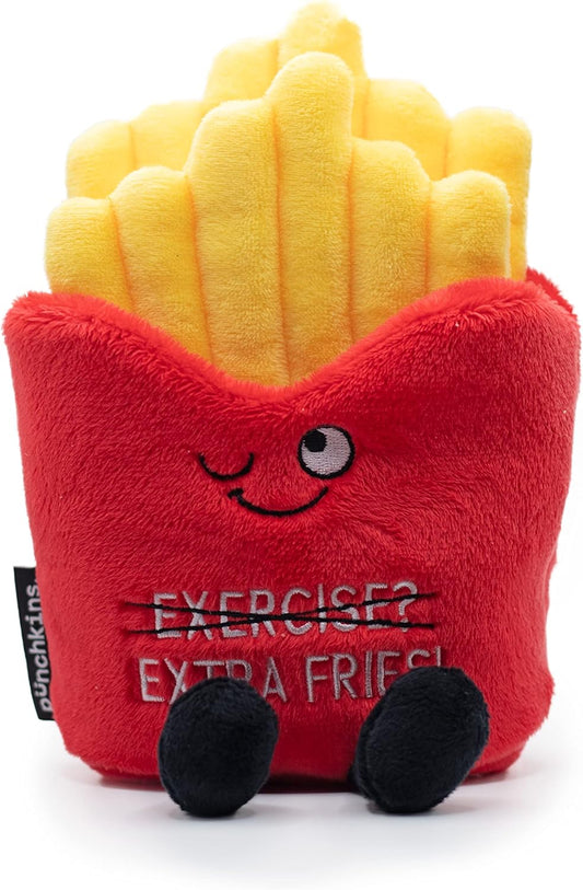 Exercise? Extra Fries! French Fry Plushie - Funny Pun Meme Gag Gift, White Elephant, Stocking Stuffer Present, Great for Emotional Support, Fun Desk Accessory, Weighted Base for Display