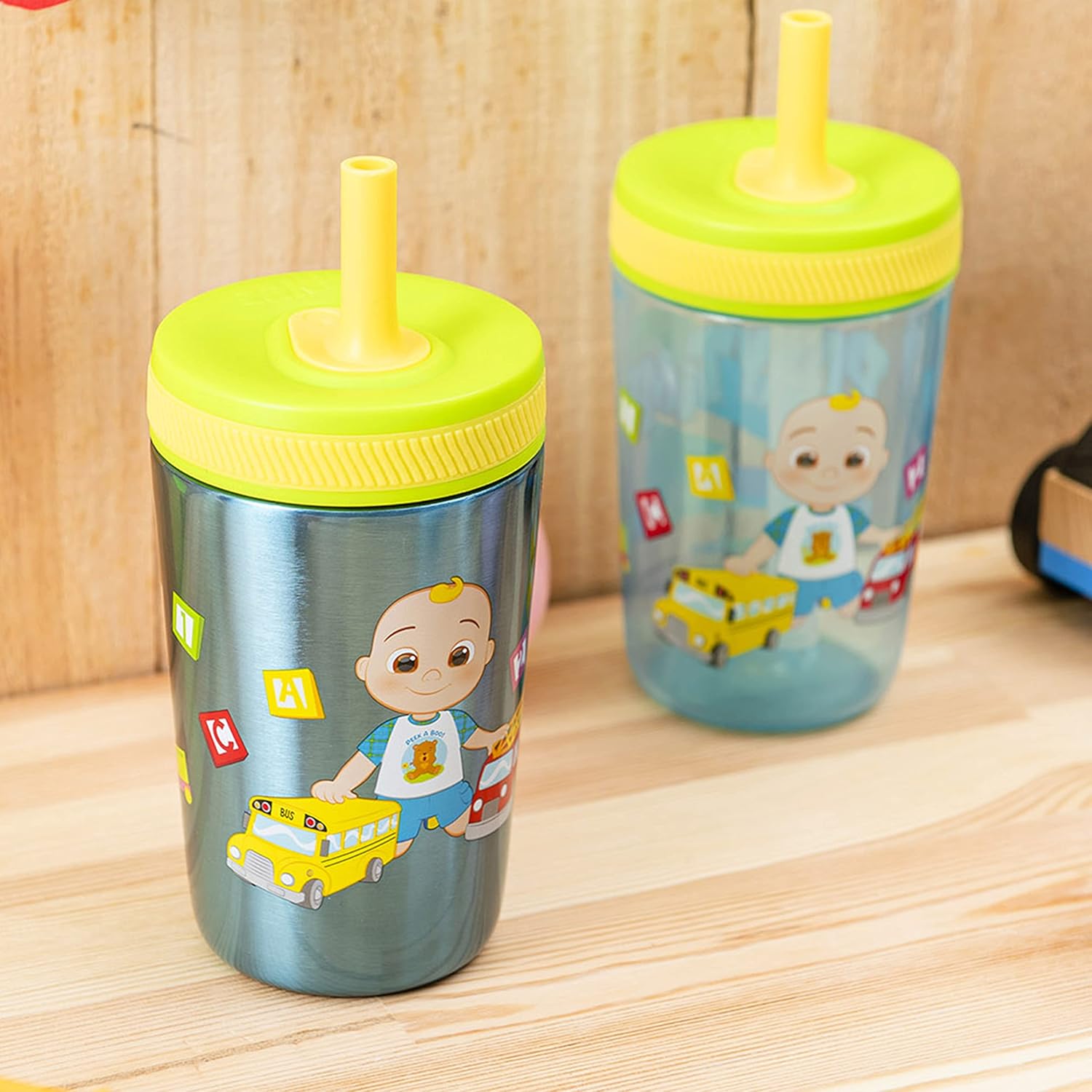 Zak Designs CoComelon Kelso Tumbler Set, Leak-Proof Screw-On Lid with Straw, Bundle for Kids