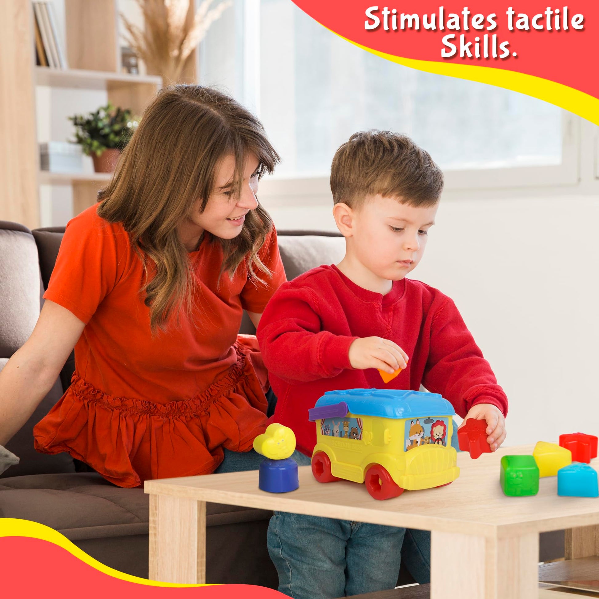 Playkidiz Bus Shape Sorter Toy - Kids Block Sorter with 16 Colorful Shapes - Sorting Toys for