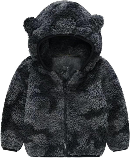 AIWUHE Toddler Boys Girls Hooded Jacket Fleece Hoodie Winter Warm Solid Color Teddy Coat Zip-up Bear Ear Sweater Fall Clothes