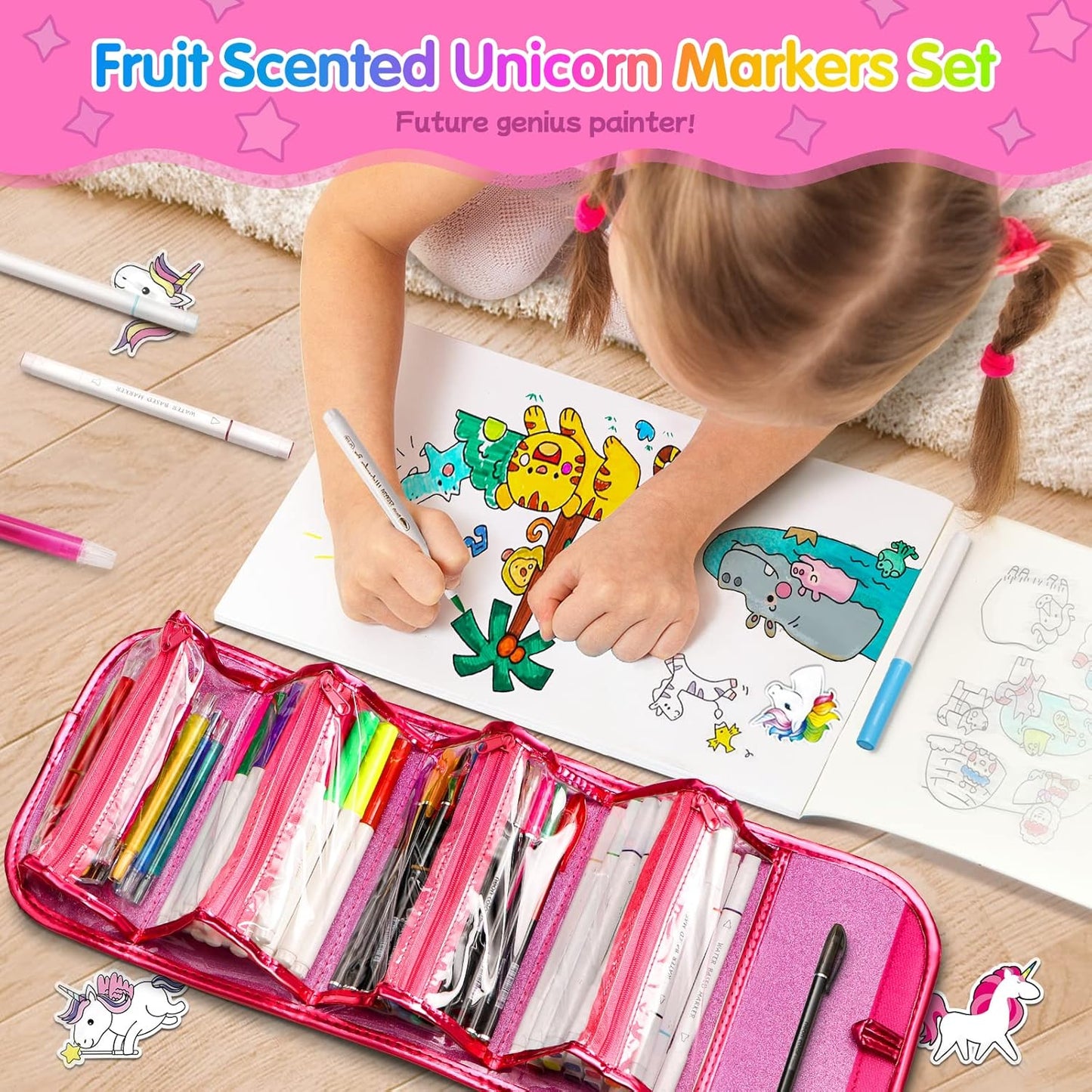 beefunni Unicorn Washable Markers Set 48 pcs with Glitte Pencil Case, Art Supplies for Kids Ages 4-6-8, Arts Crafts Coloring Set with Stickers - Birthday Gifts for Girls 4 5 6 7 8 9 Year Old