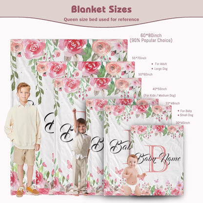 Custom Floral Rose Blanket with Name Personalized Name Blanket for Girl Newborn New Baby Customized Gifts for Baby Shower Christmas Birthday