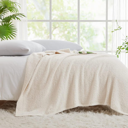 CYMULA Knit Throw Blanket for Couch Cream White - Super Soft Lightweight Plush Fuzzy Fluffy Cozy