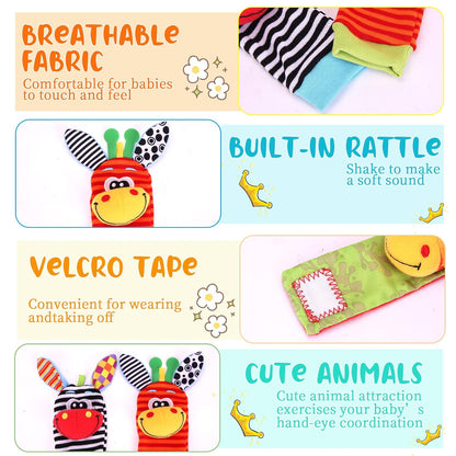 Wrist Rattle Foot Finder Socks Set for Baby Arm Hand Rattle Feet Leg Ankle Socks Newborn Soft Sensory Toys Baby Socks Newborn Rattles Toys Easter Gifts 0-3 6-12 Months Infant Girl Boy