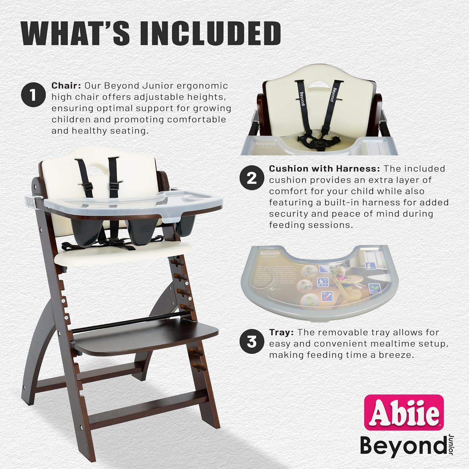 Abiie Beyond Junior Wooden High Chair with Tray - Adjustable and Convertible High Chair for Babies