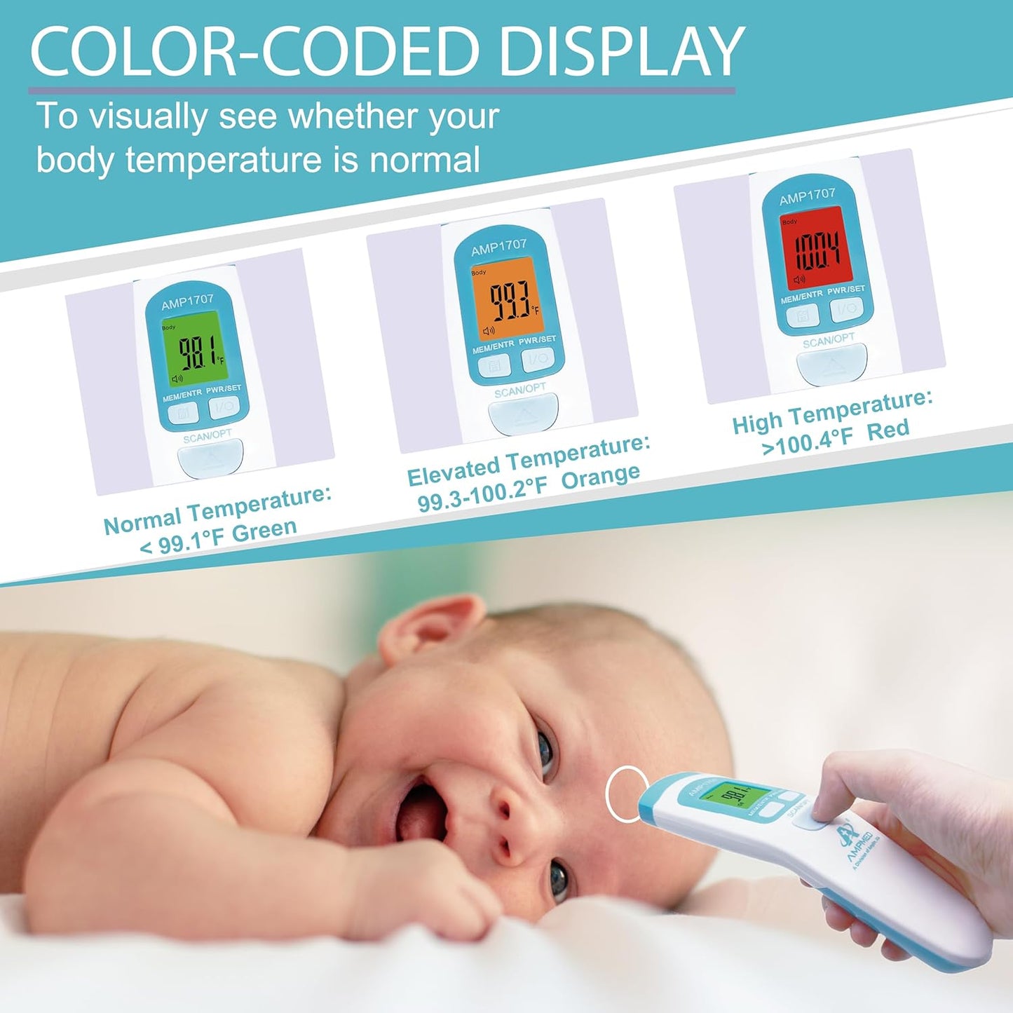 Amplim Non-Contact Forehead Thermometer & Case for Adults, Kids, Baby, FDA Cleared, Medical Grade