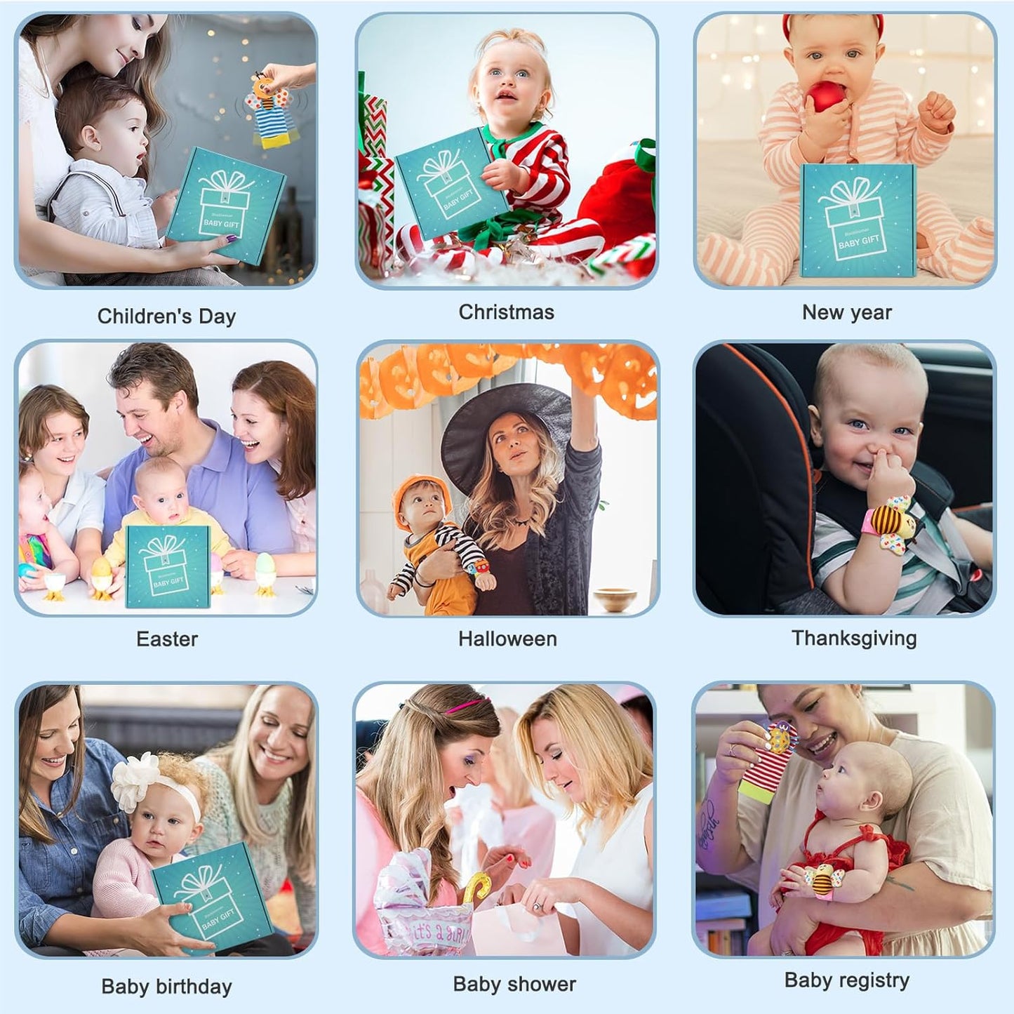 Baby Hanging Toy, Wrist Rattles, Rattle Socks, Handheld Wearable Washable Adjustable Rattle Toy, Newborn Present Baby Shower Birthday Gift Set for 0 1 2 3 Years Old Babies (12PCS-J)