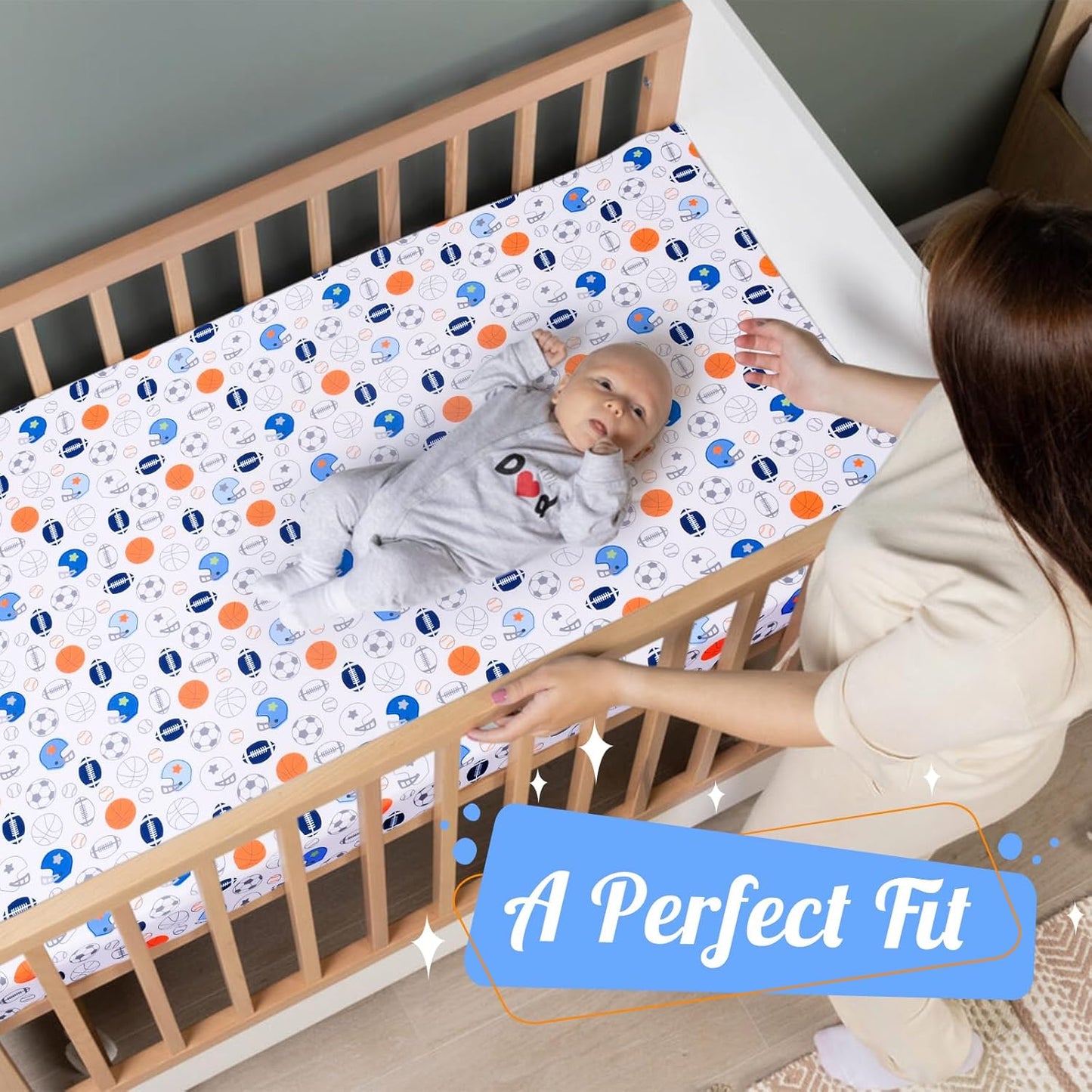 Crib Sheet - 1 Pack Sports Theme Nursery Bedding Sheet - Footballs Printed Standard Size Infant Bed