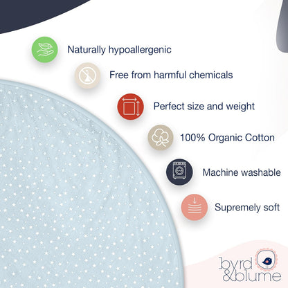 Byrd & Blume Round Baby Play Mat, Organic Cotton Soft Padded Nursery Floor Mat, Safe Hypoallergenic Baby Mat, Reversible, Foldable, Portable Infant Tummy Time Mat Fits Tents & Playpens (40"x40") Blue