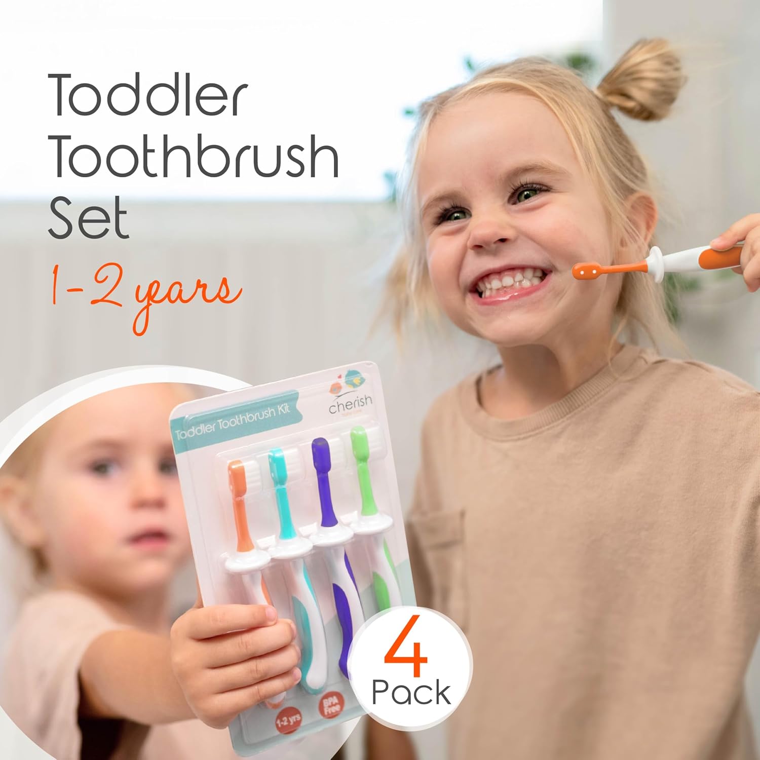 Cherish Baby Care Toddler Toothbrushes 1-2 Years (4-Pack) - BPA-Free & Safety-Tested Kids