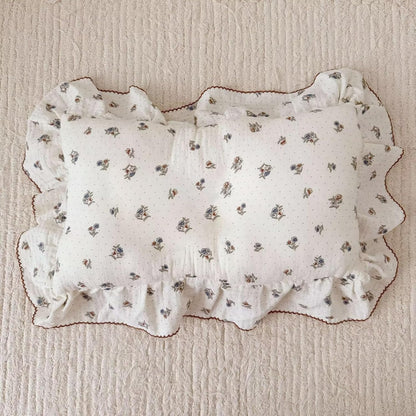 BuLuTu 100% Cotton Muslin Pillow Covers Fit for Kids Standard Size Pillow, Pansy Floral Print with Dots Pattern Children Ruffled Pillow Case, 1 pc, 20x26 Inch, Machine Washable