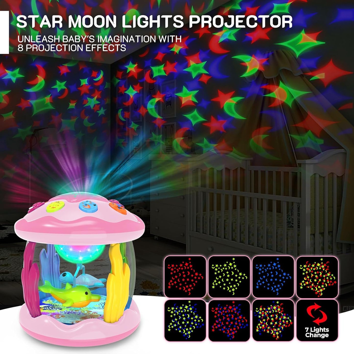 Baby Toys 6-12 Months - Musical Light Up Rotating Toys, Pink Ocean Projector for Infant 9-12-18 Month, Learning Visual & Hearing & Crawling Skill, Birthday Gifts for Toddler Boys Girls 1 2 3 Years Old