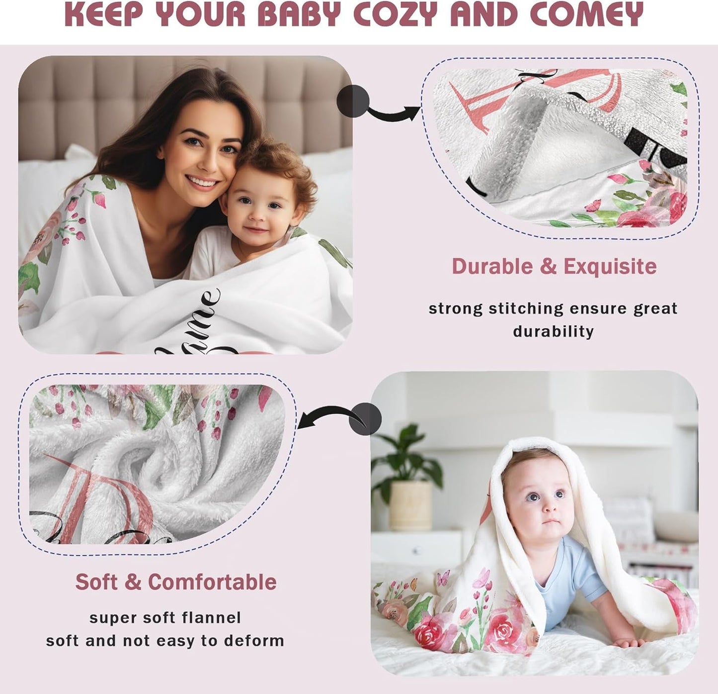 Custom Floral Rose Blanket with Name Personalized Name Blanket for Girl Newborn New Baby Customized Gifts for Baby Shower Christmas Birthday