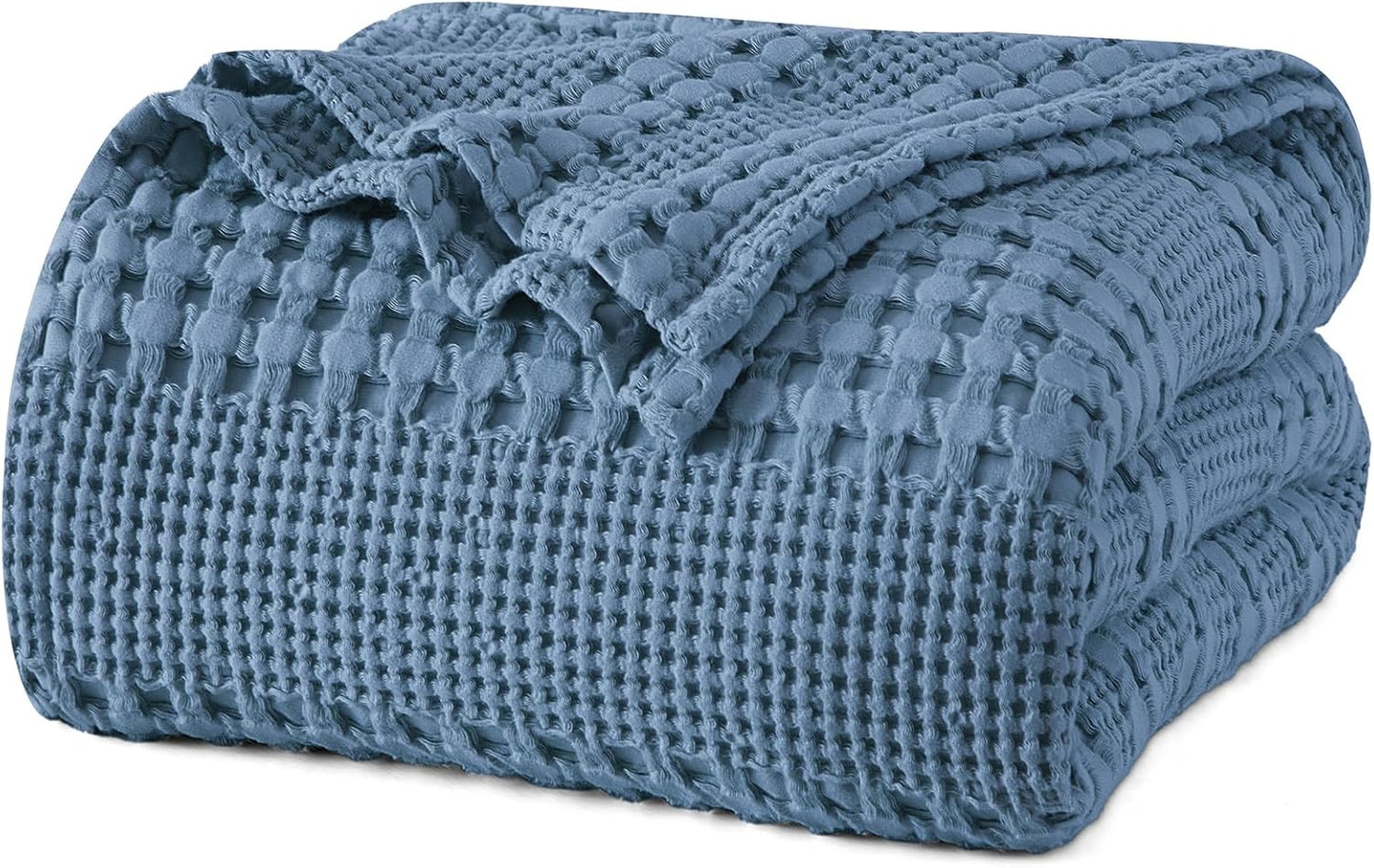 PHF 100% Cotton Waffle Weave Blanket Queen Size, Soft Lightweight Breathable Cozy Summer Blankets for Bed, Luxury Aesthetic Woven Bedding for Home Decor, 90"x90", Captain's Blue