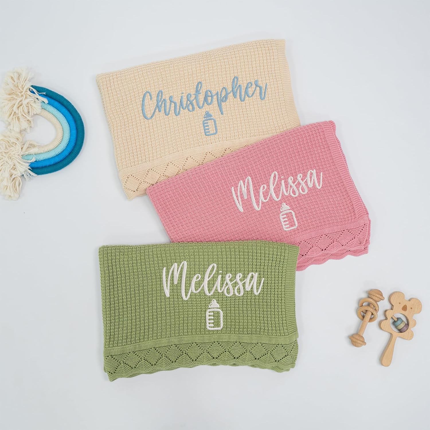 Custom Embroidered Baby Blanket, Personalized Knitted Cotton Blanket with Name for Newborn Boys and