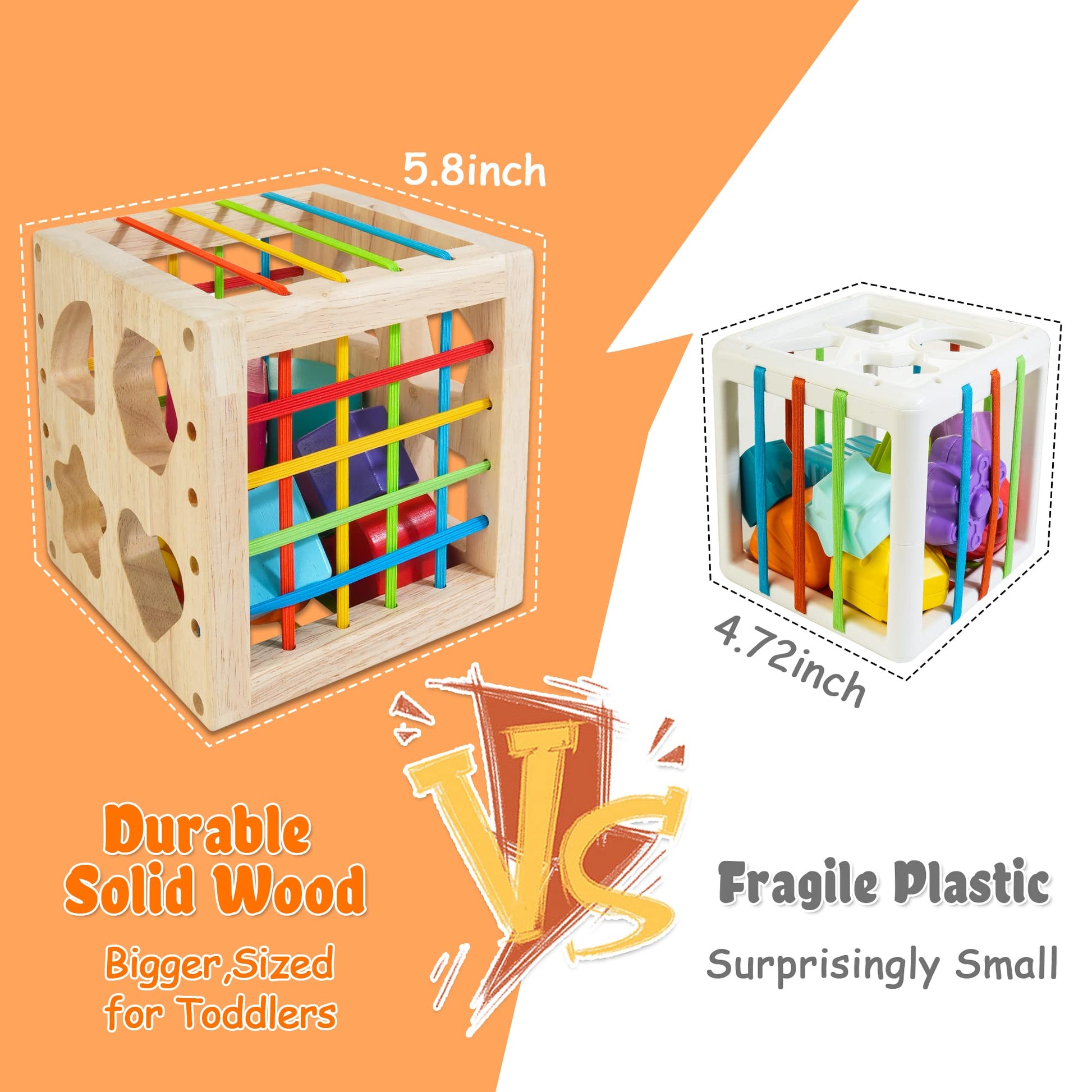 HELLOWOOD Montessori Toys for 1+ Year Old, Wooden Sorter Cube with 8pcs Rattling Shapes