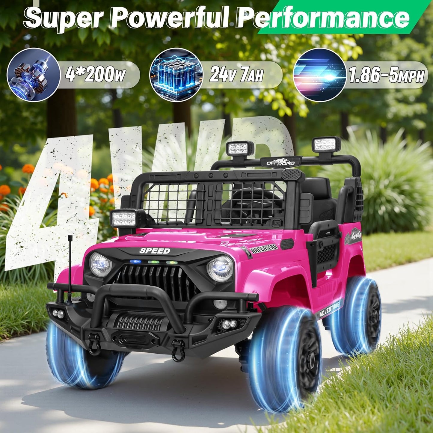 2 Seater Ride On Car Truck with Remote Control XL, Kids 24V Battery Powered Electric Vihicle w/21 in Seat, 3 Speeds, 2WD/4WD Switichable, Shock Absorbers,Bluetooth, Flower, Gift Choice
