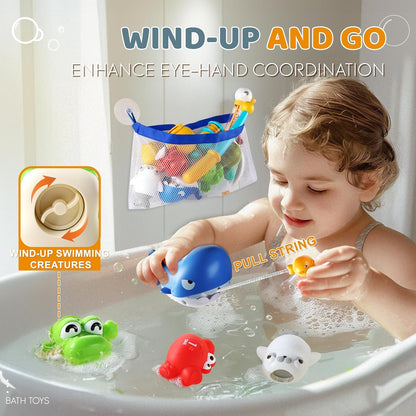 Bath Toys for Kids, Magnetic Fishing Toys with Storage Bag and Light up Star, Wind Up Creatures