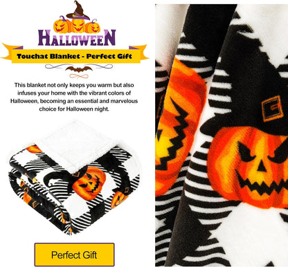 Touchat Halloween Blanket Twin Size 60" X 70"，Pumpkin Sherpa Fall Fuzzy Fluffy Soft Cozy Blankets, Fleece Flannel Plush Microfiber Throw for Couch Bed Sofa, Halloween Decor (BlackHalloween)