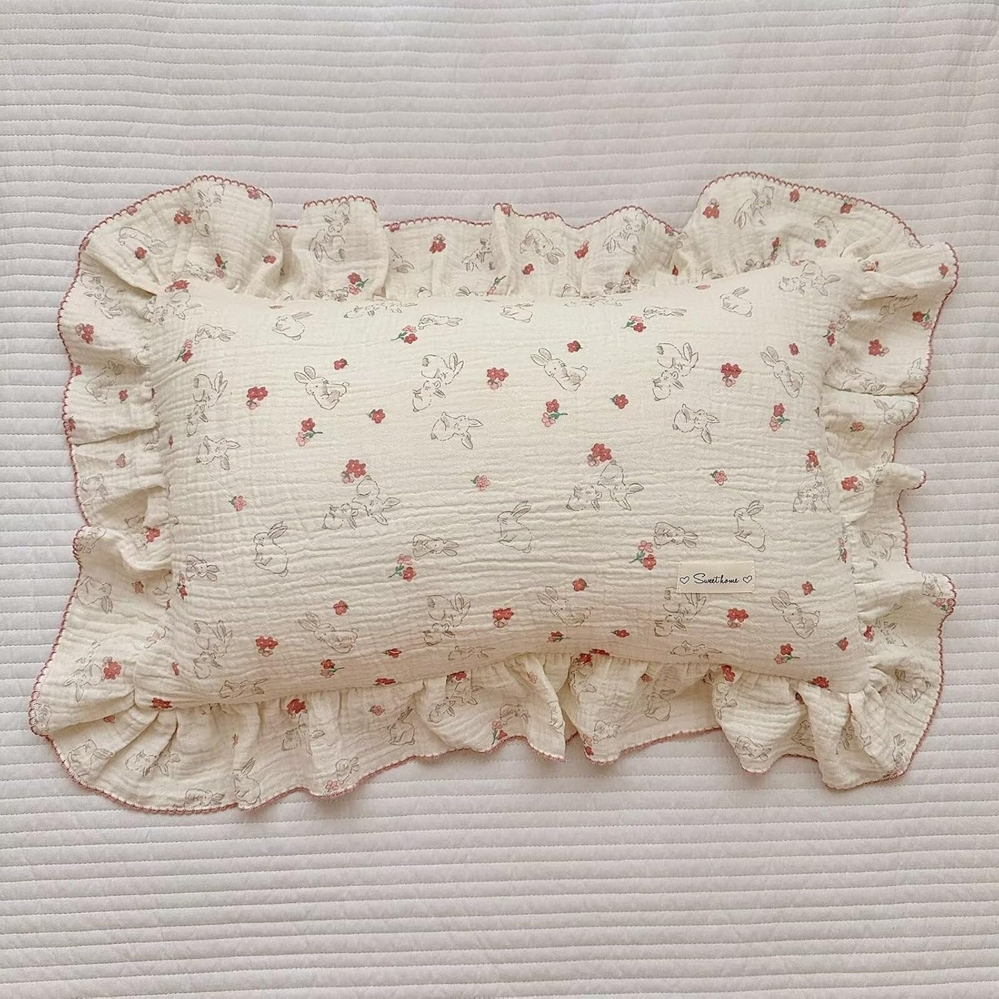 BuLuTu Cute Flower Rabbit Toddler Pillowcase for Girls Boys Soft Breathable Muslin Cotton Kids Pillow Covers, Animal Themed Small Pillow Case for Crib/Toddler Bed, 14"x20", Envelope Closure