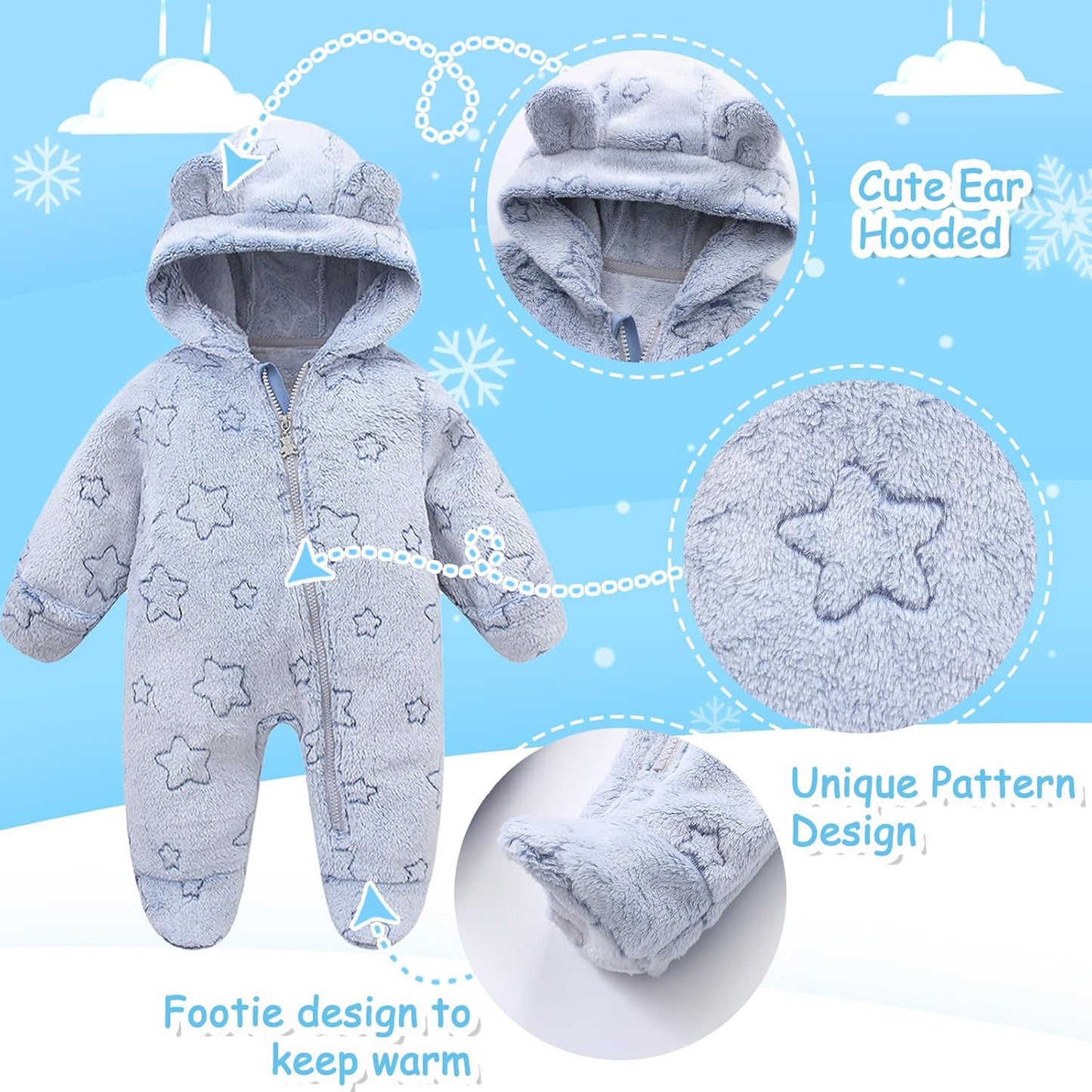 Fairy Baby Newborn Baby Bear Onesie Thin Fleece Footie Romper Snowsuit Hooded Jumpsuit Bodysuit Winter Outwear Boy Girl 0-12M