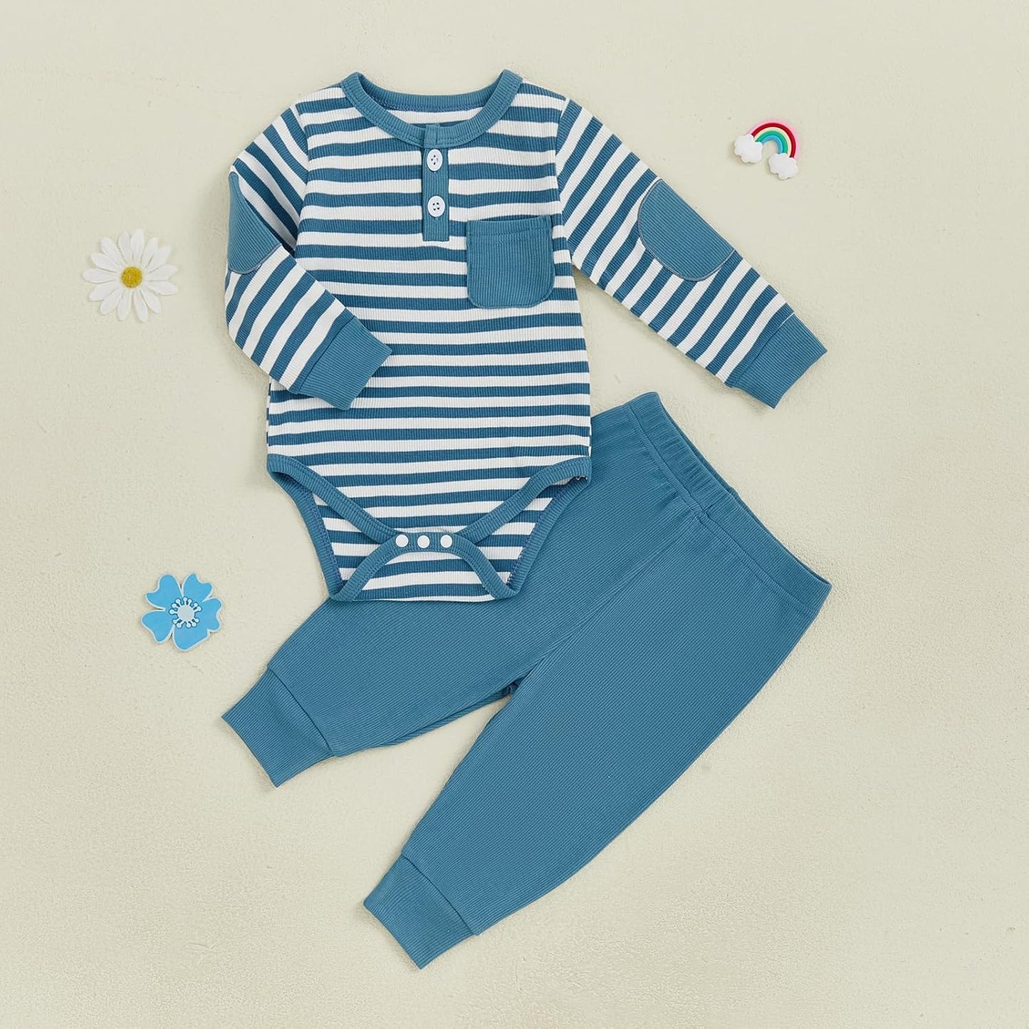 fhutpw Baby Boy Clothes 3 6 12 18 Months Ribbed Knitted Long Sleeve Romper and Pants Sets Newborn Fall Splicing Color Outfits