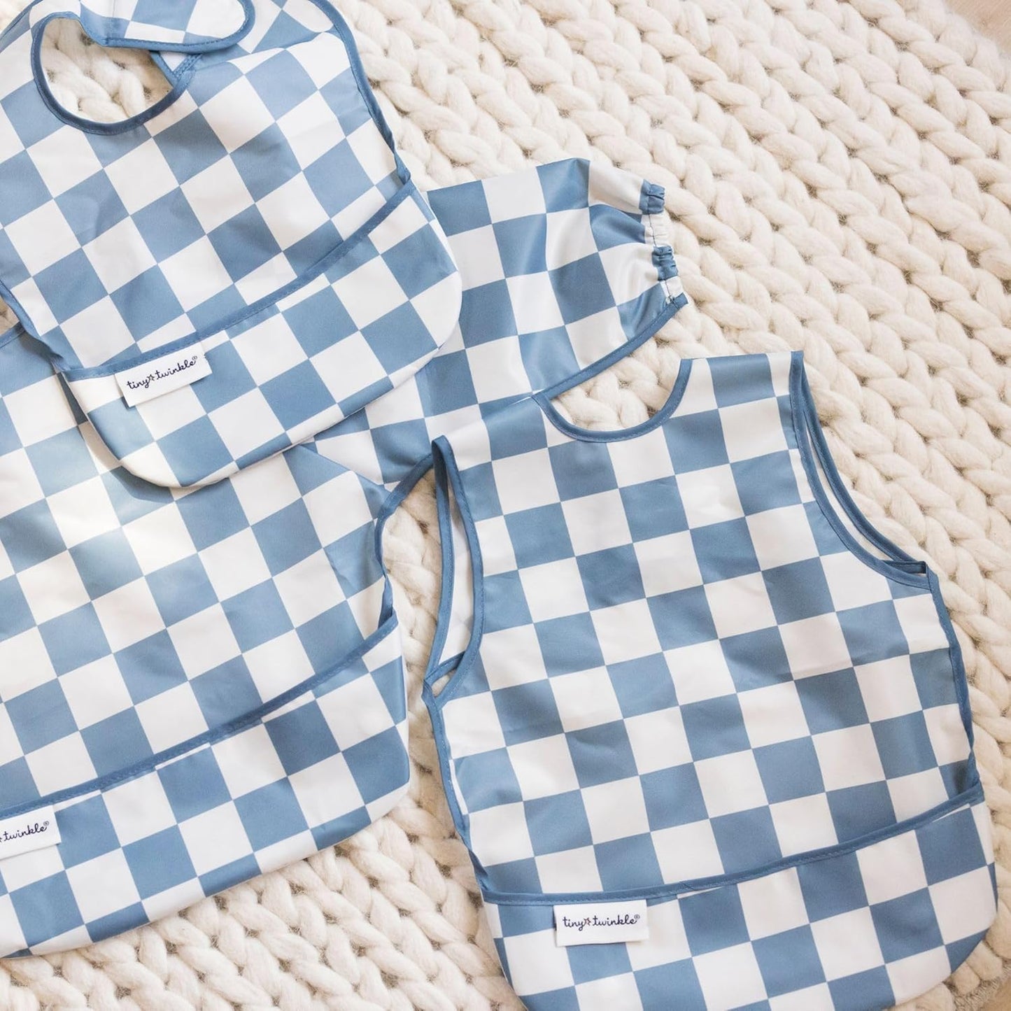 Tiny Twinkle Mess Proof Baby Bib - Waterproof & Lightweight Baby-Led Weaning Apron | 100% Recycled Polyester, Easy Clean & Machine Washable (Blue Checkers, Small 6-24 Months)