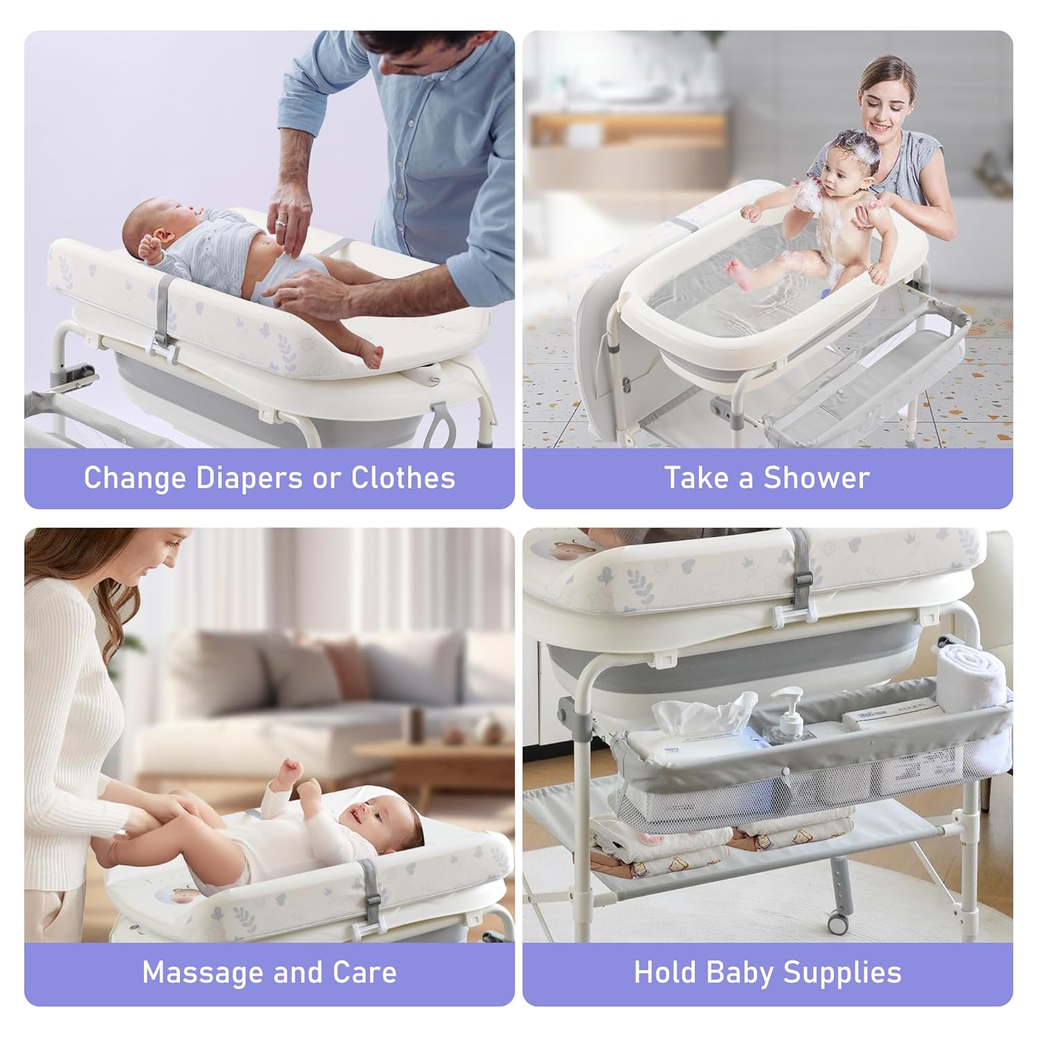 2-in-1 Baby Bathtub with Changing Table, Foldable Diaper Changing Station with 4 Wheels, Waterproof