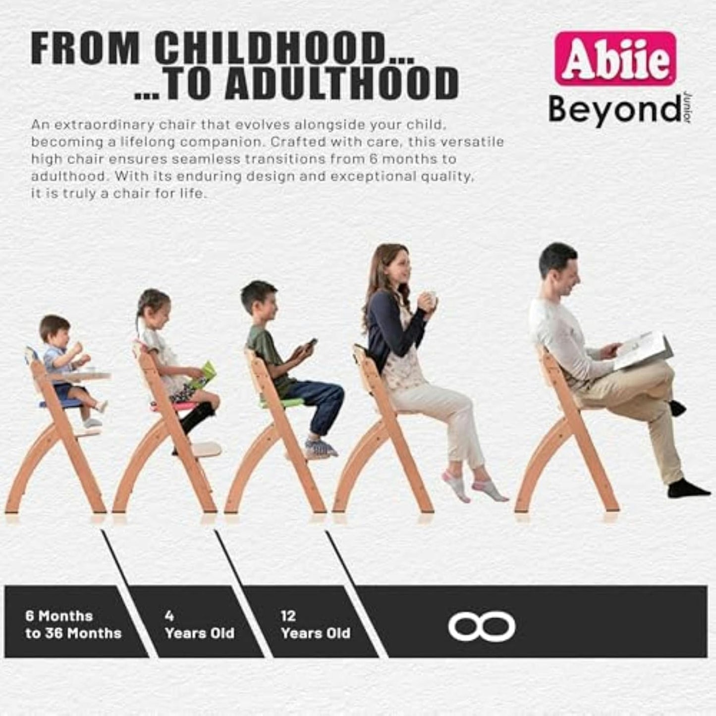 Abiie Beyond Junior Wooden High Chair with Tray - Adjustable and Convertible High Chair for Babies