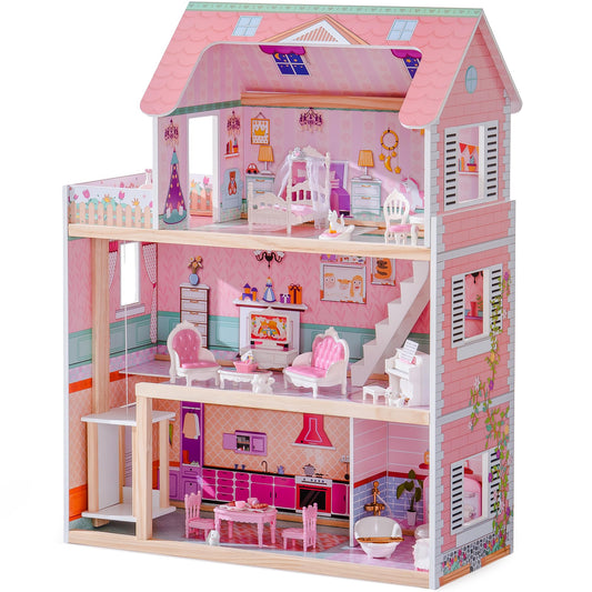 ROBUD Wooden Dollhouse, Doll House Playset