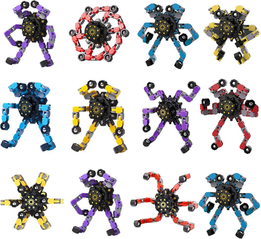 12 Pack Finger Robot Transformable Spinners for Kids Adults,Creative Deformable Fidget Fingertip Gyro Mechanical Top DIY Spiral Chain ADD ADHD Autism Metal Toy Changeable Octopus Stress Relief Gifts