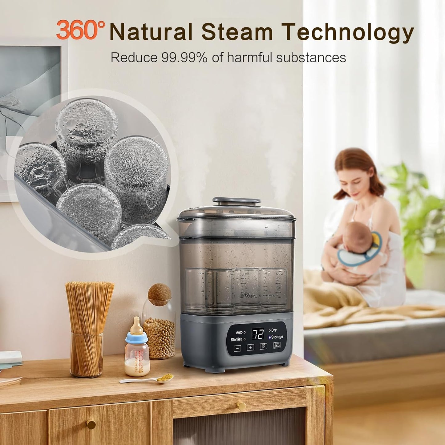 4-in-1 Baby Bottle Steamer and Dryer, Electric Steamer with Fast Drying, Universal Fit for All