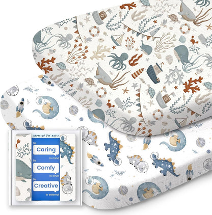 Bassinet Sheets for Baby Boy Girl, TotBasic Buttery Soft Universal Bassinet Fitted Sheet, Compatible with Halo, Mika Micky, Baby Delight, Dream On Me, Maxi COSI and More Bassinet Mattress(Dino&Whale)