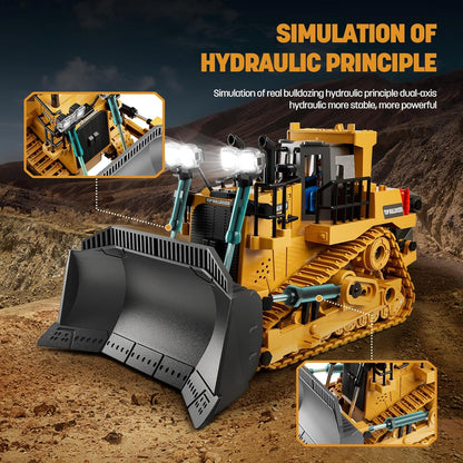 9-Channel Metal RC Bulldozer - Realistic Remote Control Kids Construction Play Toys with Lights and Sound, Track Type Tractor Toys for 3+ Boys, Perfect 2025 Kids Birthday Gift for Ages 3-12+