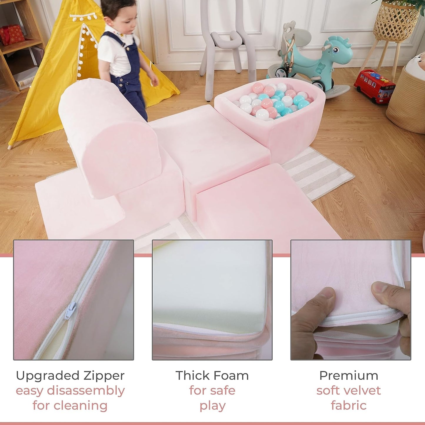 Foam Climbing Blocks for Toddlers 1-3 - Climb and Crawl Activity Playset - Indoor Activity Play Structure for Toddlers - Foam Soft Play Set for Babies - 5 PCS - Balls NOT Included - Pink