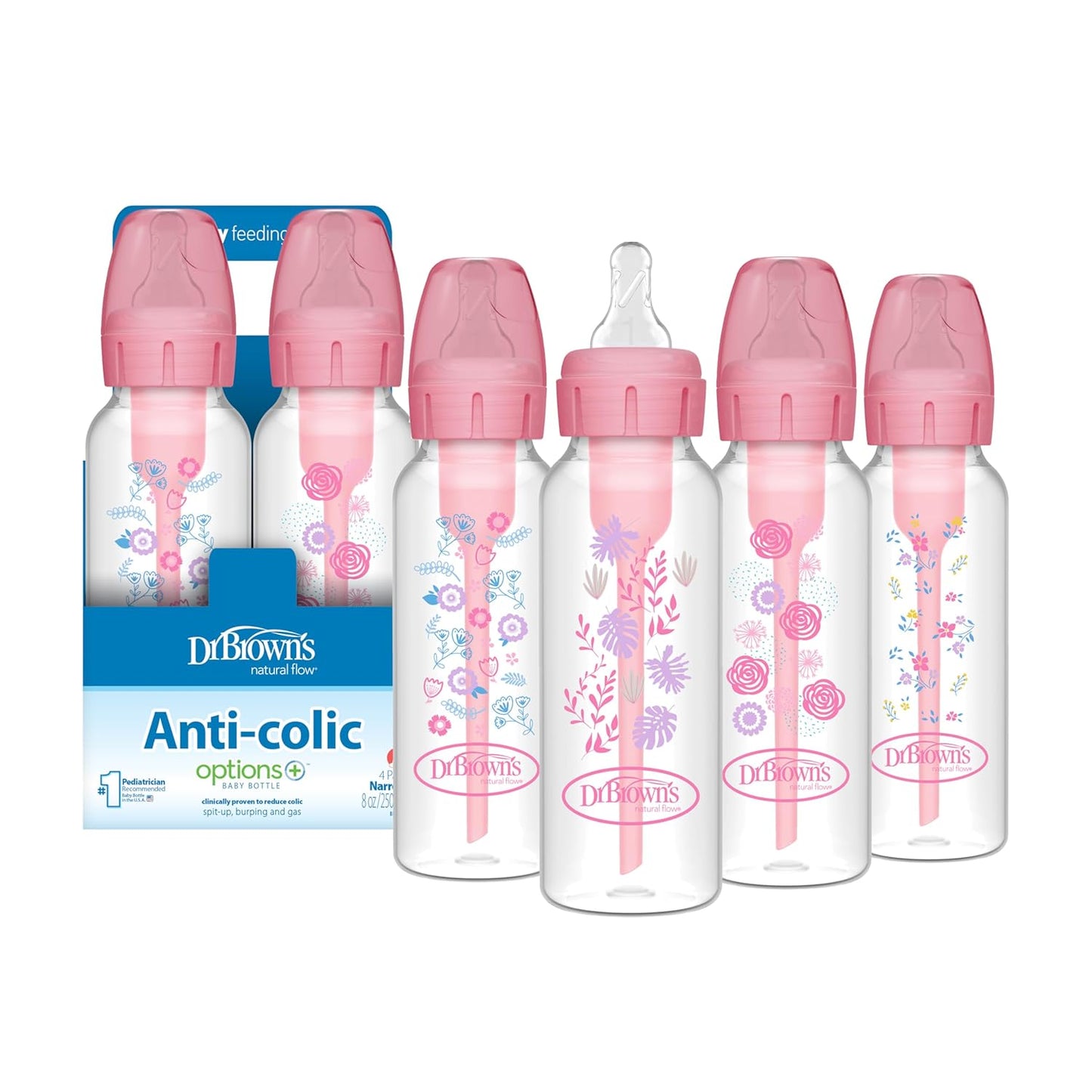 Dr. Brown's Natural Flow Anti-Colic Options+ Narrow Baby Bottle, Pink Floral, 8 oz/250 mL, with