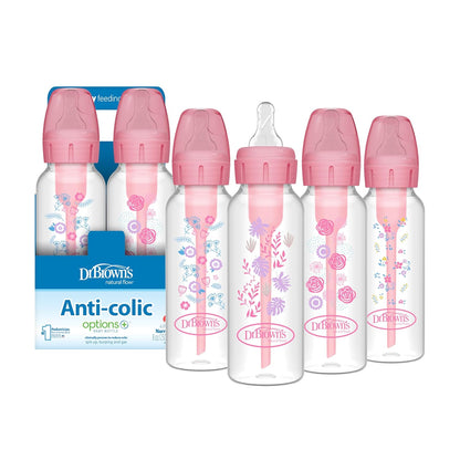 Dr. Brown's Natural Flow Anti-Colic Options+ Narrow Baby Bottle, Pink Floral, 8 oz/250 mL, with