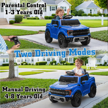 12V Ride on Car Licensed Ford F-150 Raptor, Kids Electric Car with Remote Control, LED Light/Music/MP3, Truck Bed Storage, 3-Point Seat Belt (12V, Blue)