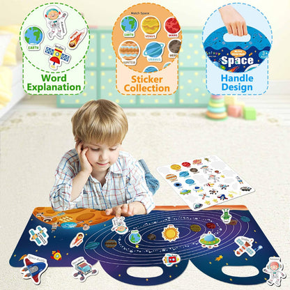 Reusable Sticker Books for Kids, Jelly Quiet Book, Preschool Learning Activities Busy Book for Toddler Travel Toys Waterproof Stickers for Kids 2 3 4 5 6 Year Old Girls Boys (Space)
