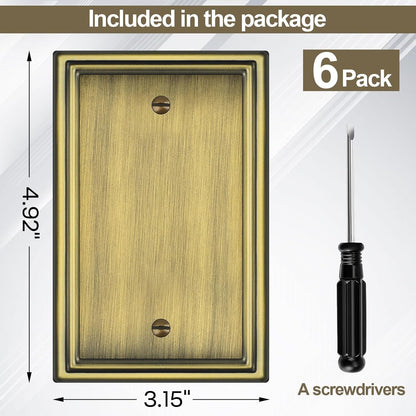 Antique Brass Decorative Blank Light Switch Covers Plate, Metal Material 1 Gang Wall Plates for Blank Light Switch, Single Blank Switch Plate Cover - Classic Style, 6 Pack