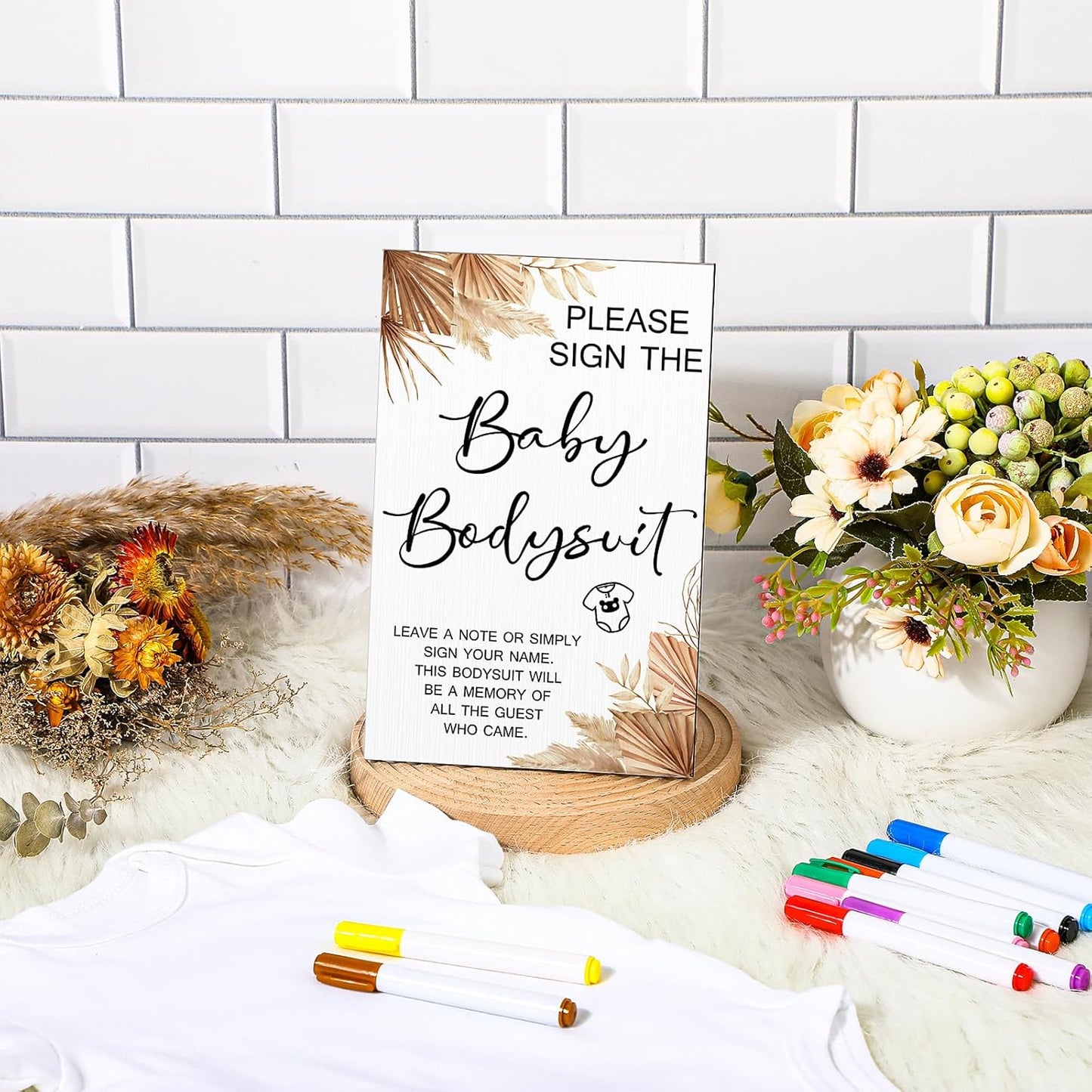 Qunclay 12 Pcs Baby Bodysuit Baby Shower Game Include 1 Game Wooden Sign Tabletop Decor 1 White Blank Newborn Bodysuit 10 Fabric Marker for Gender Reveal Party(Boho)