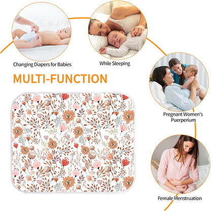 Diaper Changing Pads for Baby, Flower Change Mat, 3Layers Waterproof Change Pad Foldable Absorbent Mats for Women, Reusable Incontinence Underpads for Patient 24''x30''