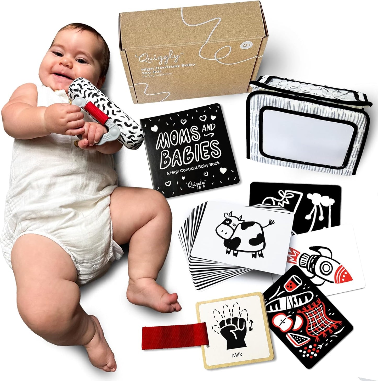 Quiggly High Contrast Baby Toy Set - Black and White Newborn Sensory Toys - Tummy Time Mirror, 25 Visual Stimulation Cards & Board Book - Infant Play Kit for Newborns 0-3 Months (Standard)