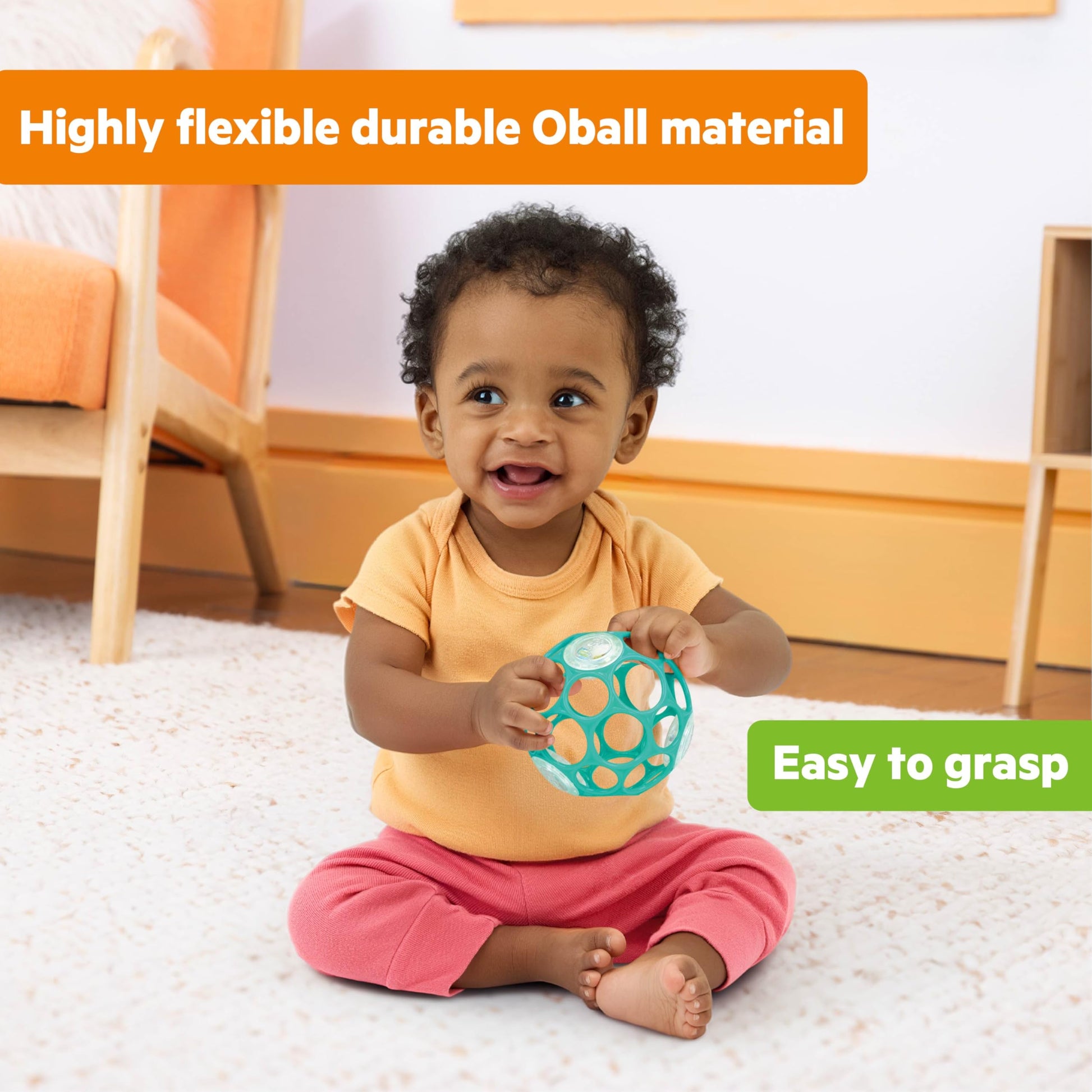 Bright Starts Oball Easy-Grasp Rattle BPA-Free Infant Toy in Teal, Age Newborn and up, 4 Inches