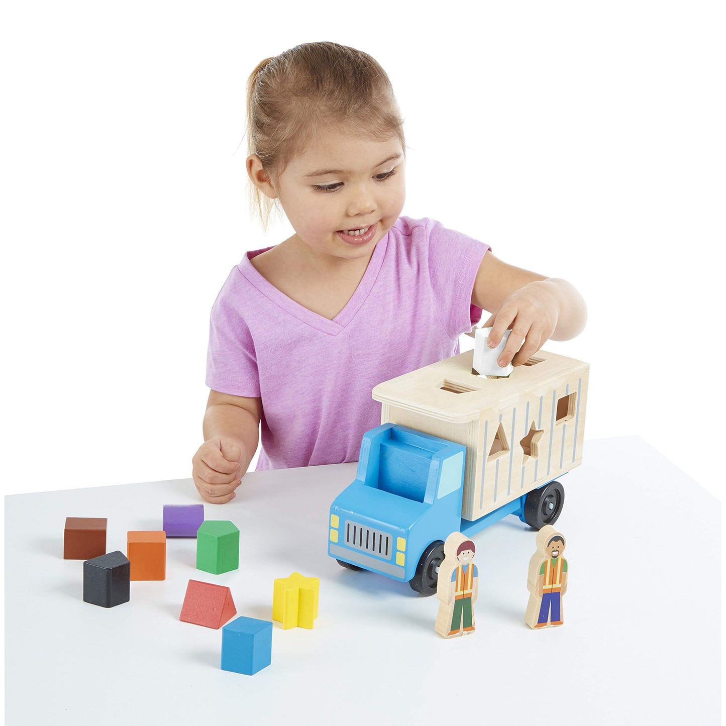 Melissa & Doug Shape-Sorting Dump Truck Wooden Toy with 9 Blocks and 2 Toy Figures - Montessori