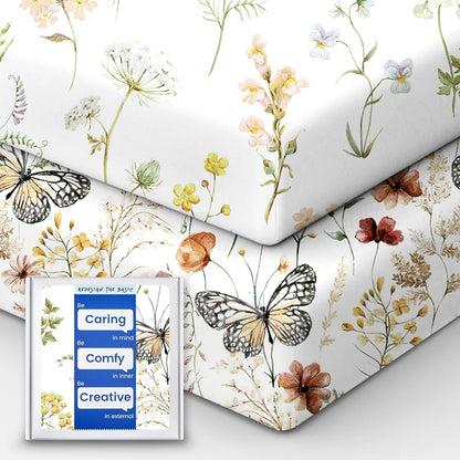 Crib Sheets for Boy Girl, Premium Soft Butterfly Crib Mattress Fitted Sheet, Ultra Breathable Baby Sheets, Super Stretchy Baby Bed Sheets 28''x52''x9'' Extra Deep Pocket, 2 Pack