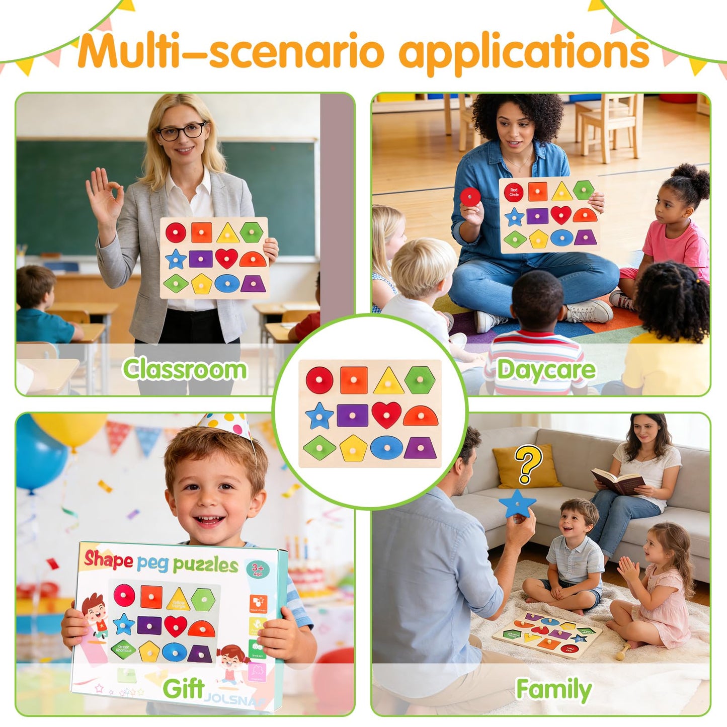 JOLSNAF Montessori Wooden Peg Shape Puzzles for Toddlers