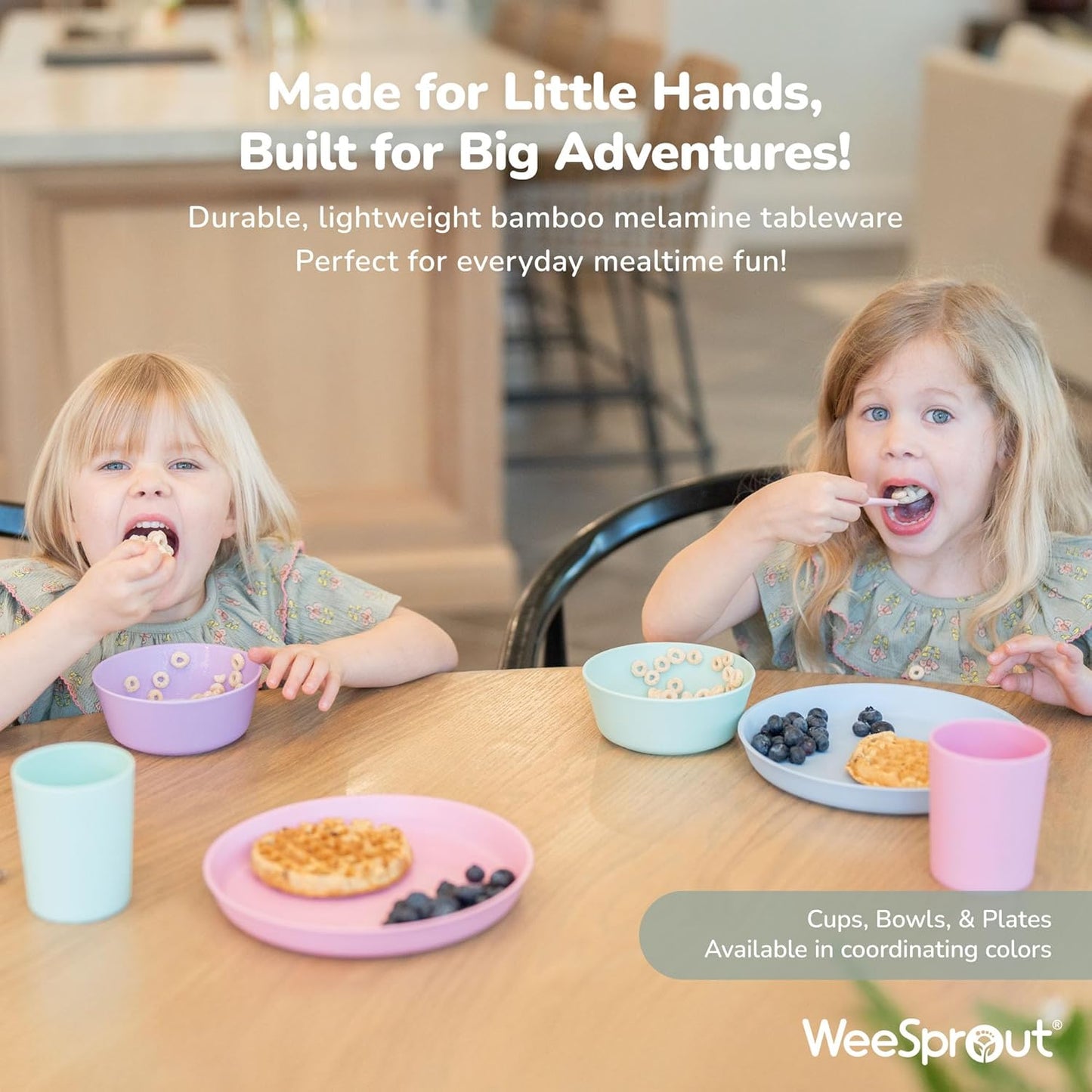 WeeSprout Bamboo Kids Bowls, Set of Four 15 oz Kid-Sized Dinnerware, Cereal, Leftovers & Snack Bowl, Dishwasher Safe (Blue, Yellow, Orange, & Red)
