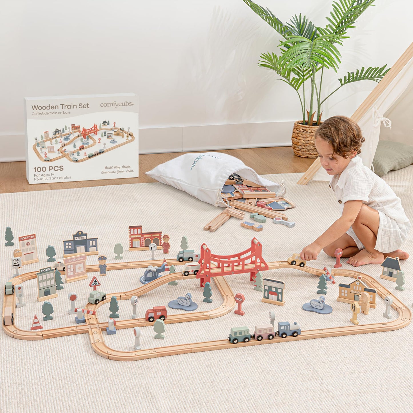 Comfy Cubs 100-Piece Wooden Train Set for Toddlers Ages 1+, Fun & Eco Friendly Toddler Train Set